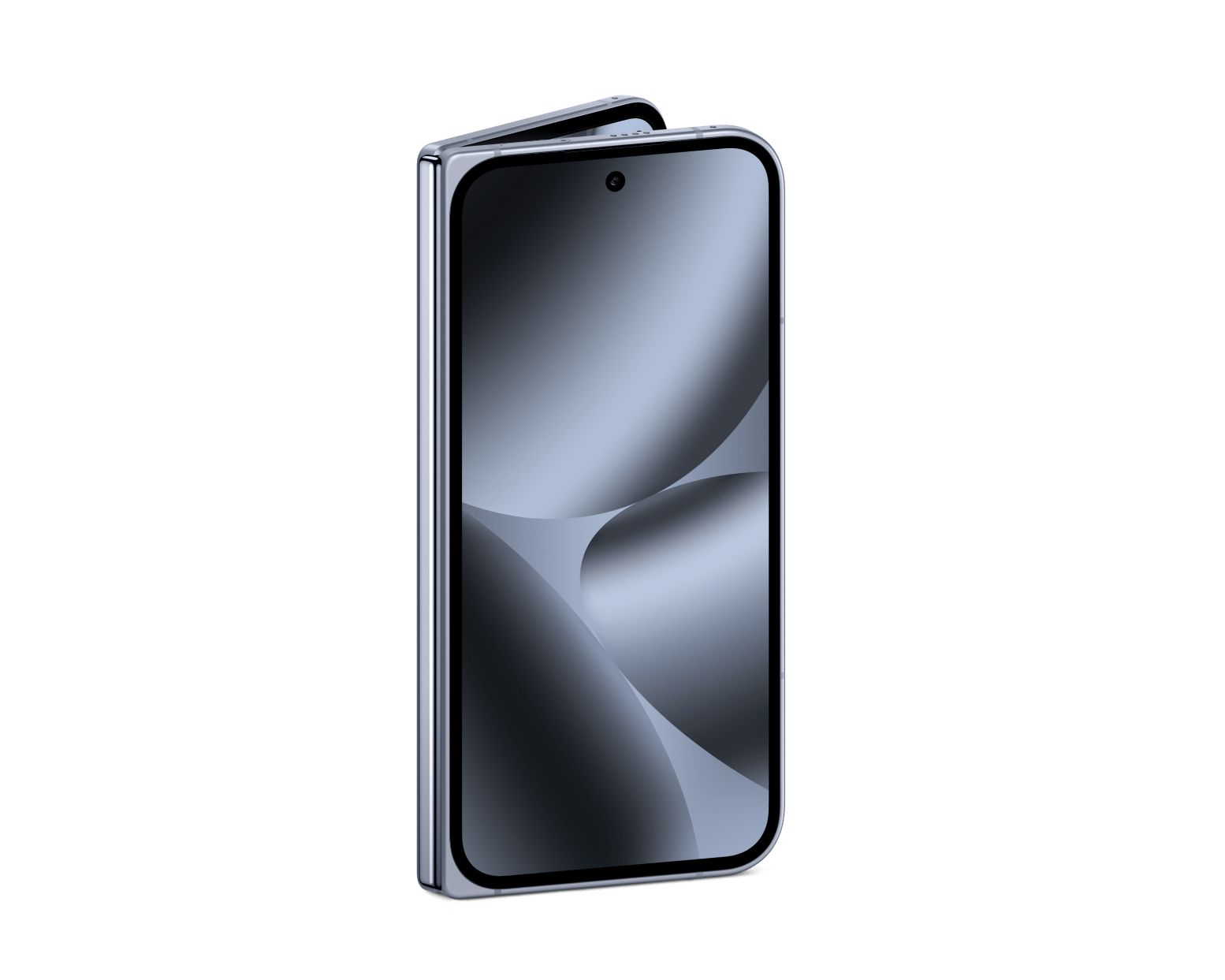 Front view of the Google Pixel 10 Pro Fold partially open with its display visible against a black background.