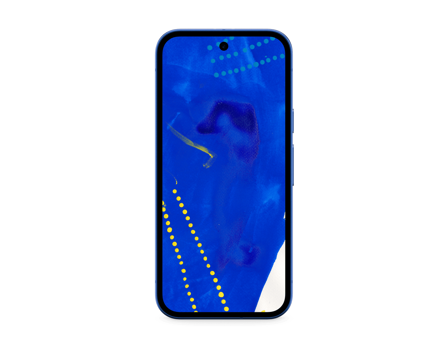 Front view of the Google Pixel 10a showing its display with a blue abstract wallpaper on a black background.