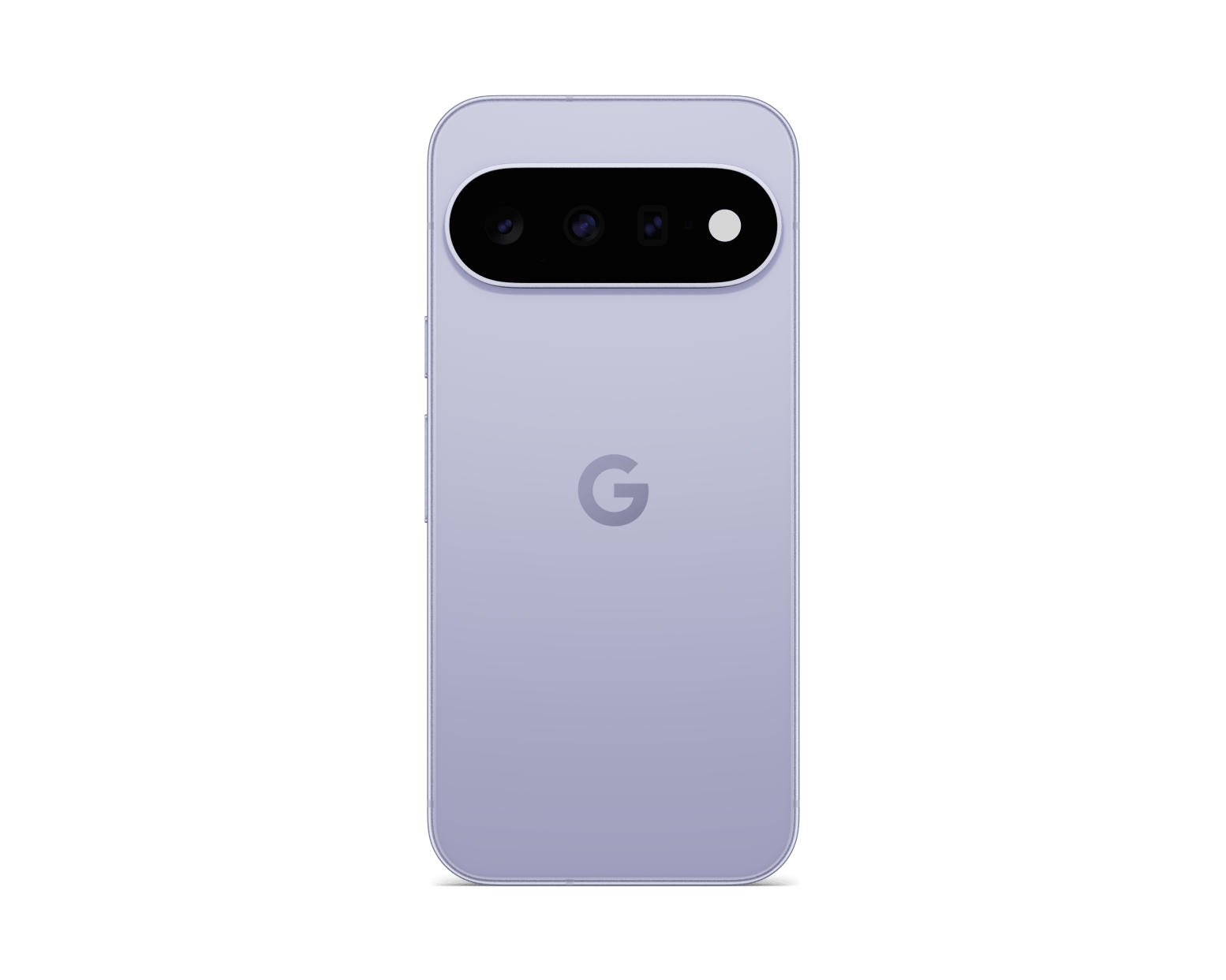 Back of a Google Pixel 11 smartphone in light purple showing the rear camera module and G logo on a black background.