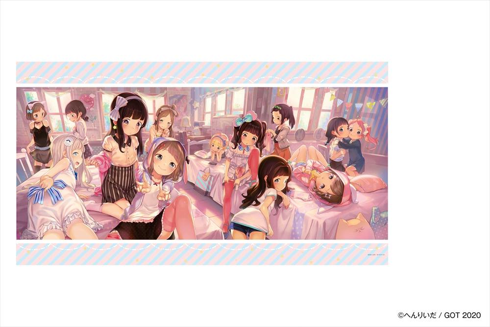A tapestry illustration of multiple anime girls at a pajama party in a pastel bedroom setting.