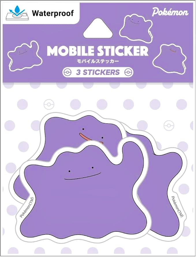Packaged sheet showing three purple Pokémon Ditto mobile stickers with a purple header labeled "MOBILE STICKER."