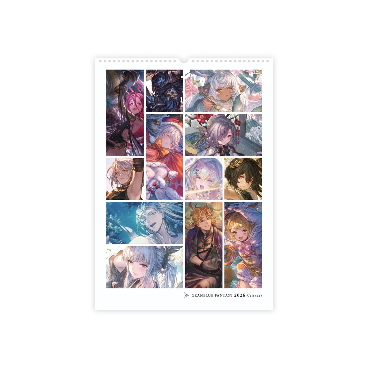 Front of the Granblue Fantasy 2026 desk calendar showing a collage of illustrated character portraits with the product title at the bottom.