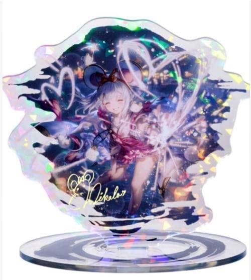 Assembled holographic acrylic decorative stand showing the character art mounted on a round clear base.