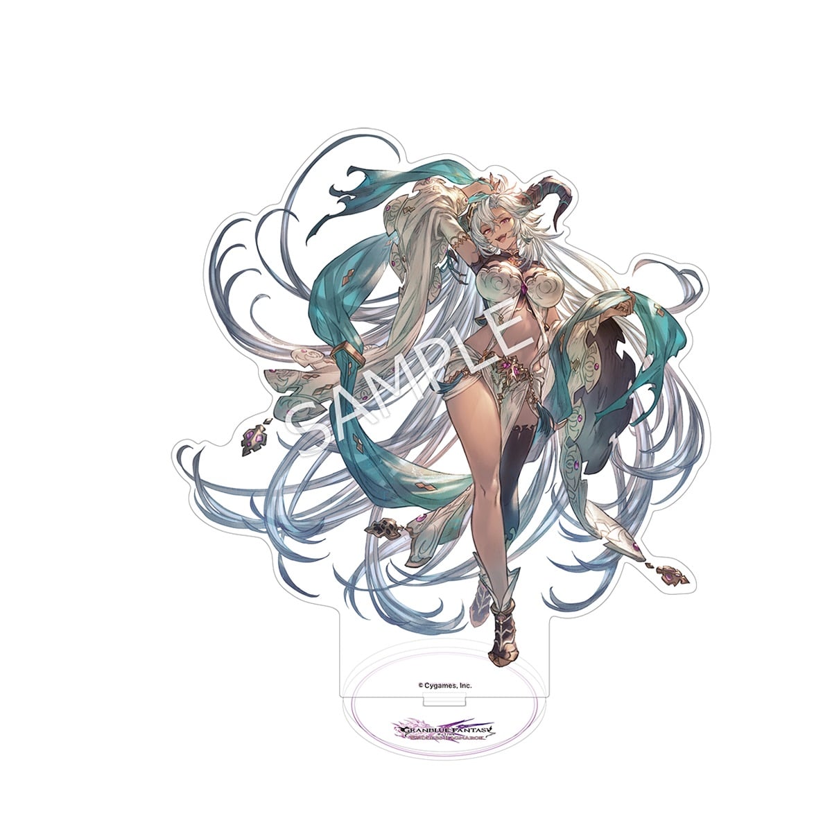 A clear acrylic decorative stand showing the character Fediel from GRANBLUE FANTASY: Relink on a white background with a SAMPLE watermark.
