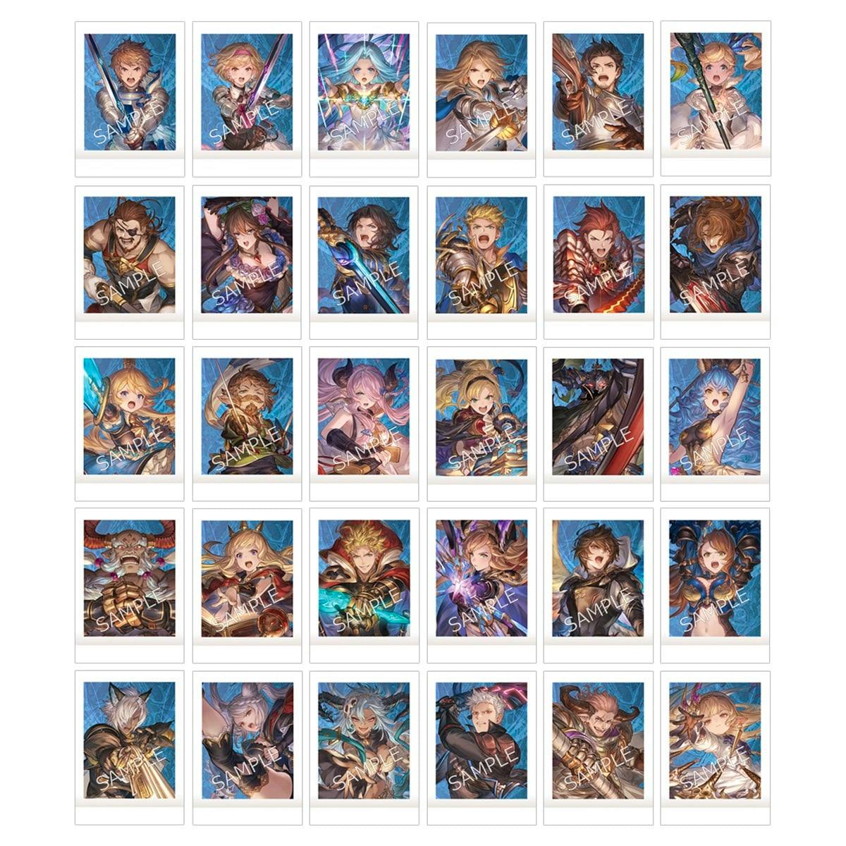 Grid of illustrated photocards from GRANBLUE FANTASY: Relink – Endless Ragnarok showing character art with a 'SAMPLE' watermark.