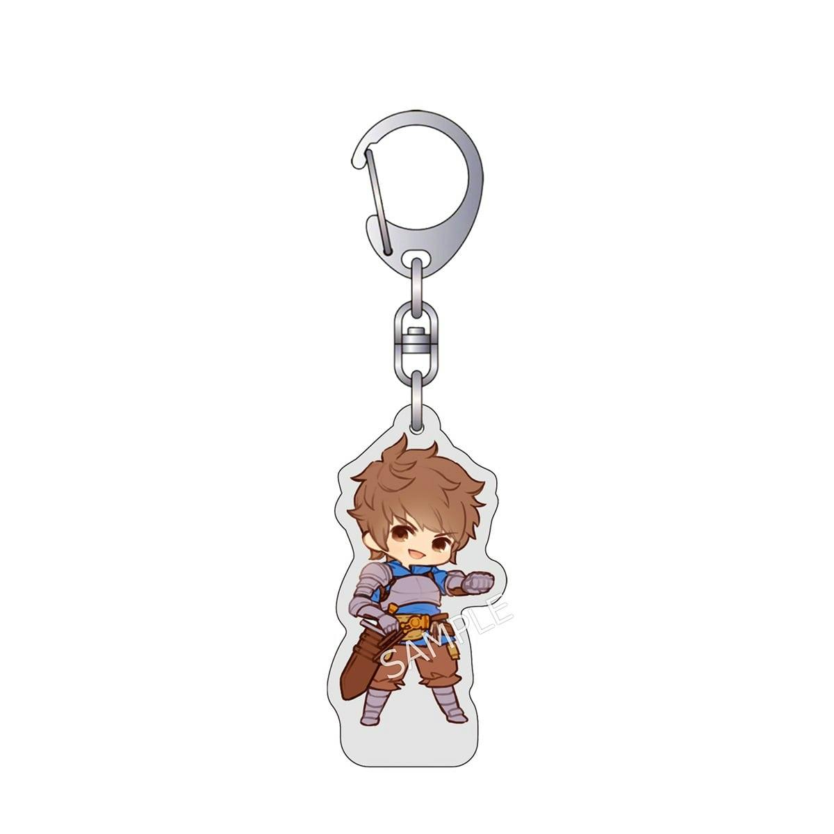 A clear-background image of an acrylic GBVSR keychain showing a chibi-style Gran charm attached to a metal clasp and ring.