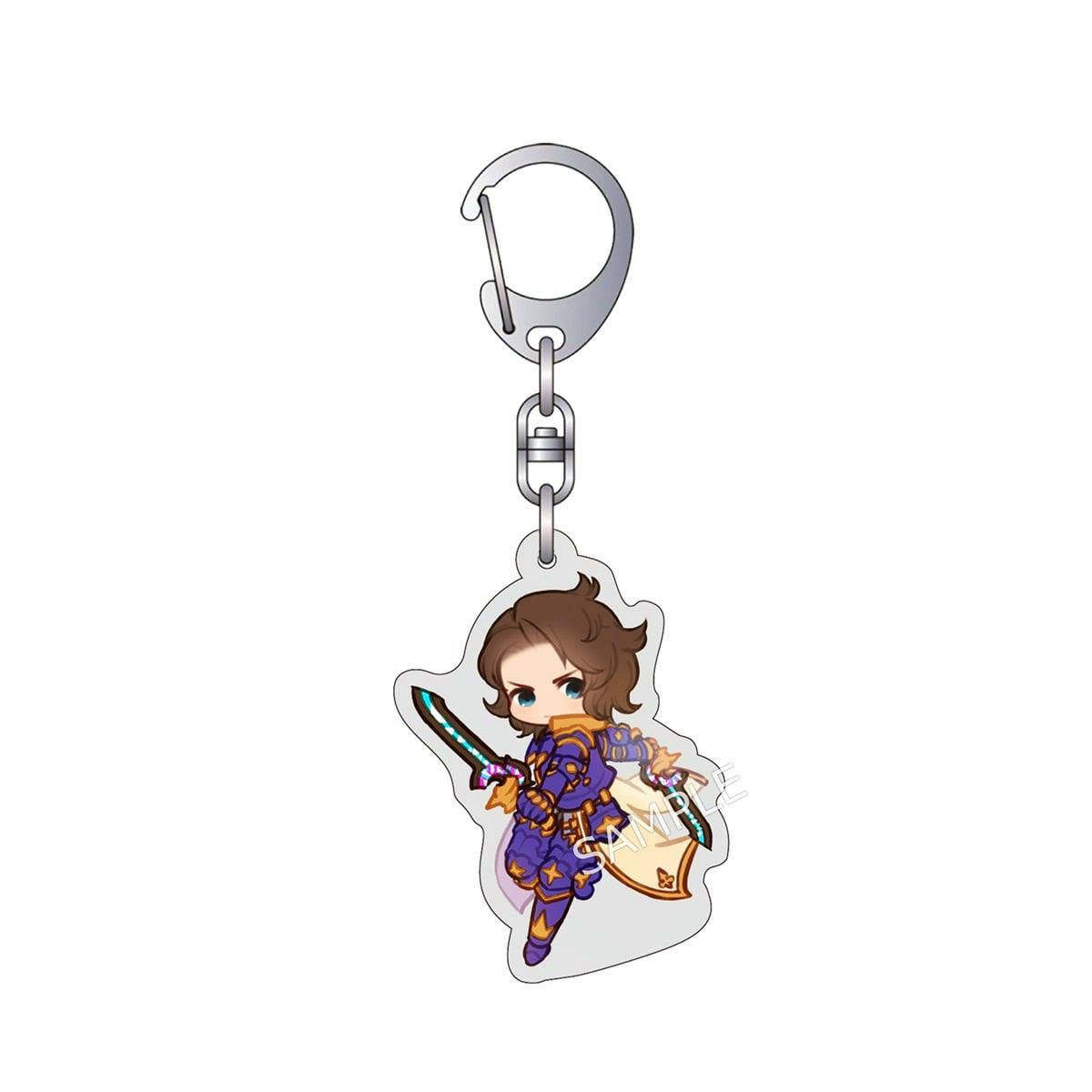An acrylic keychain featuring a chibi illustration of Lancelot in armor holding a sword and shield, attached to a metal key ring.