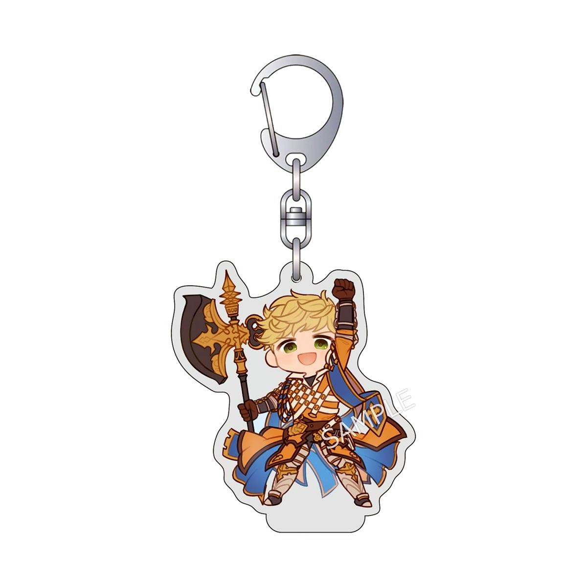 Acrylic keychain of Vayne character holding a decorative axe, attached to a metal clasp and chain with a visible "SAMPLE" watermark.