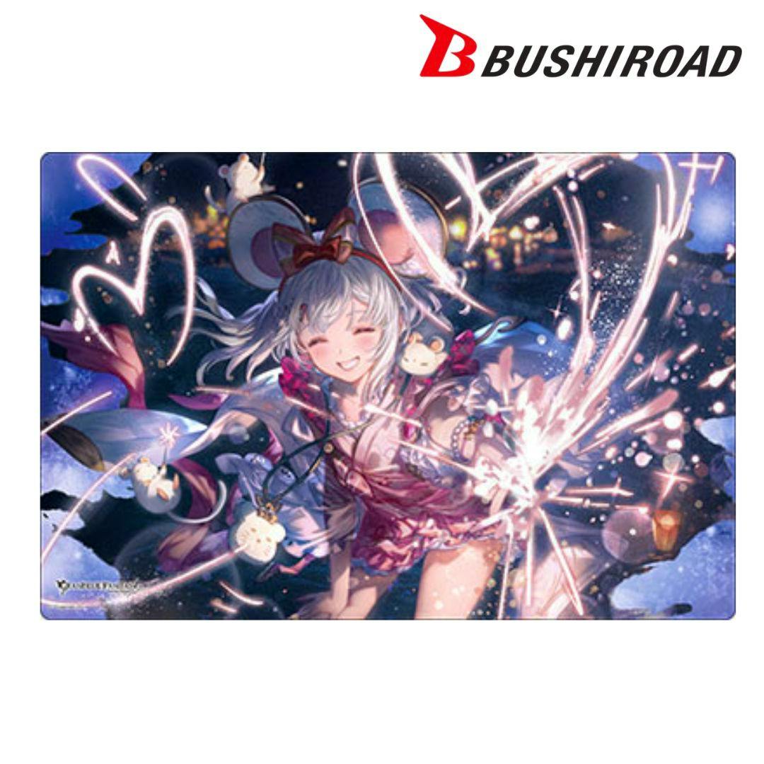 Rubber playmat showing a smiling Granblue Fantasy character in a yukata with fireworks and sparkles.
