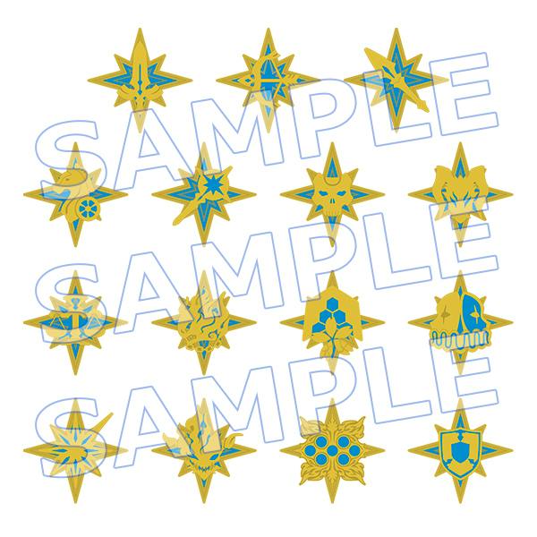 Composite image showing all 15 gold-and-blue star-shaped icon pin badge designs arranged in a grid with a SAMPLE watermark.