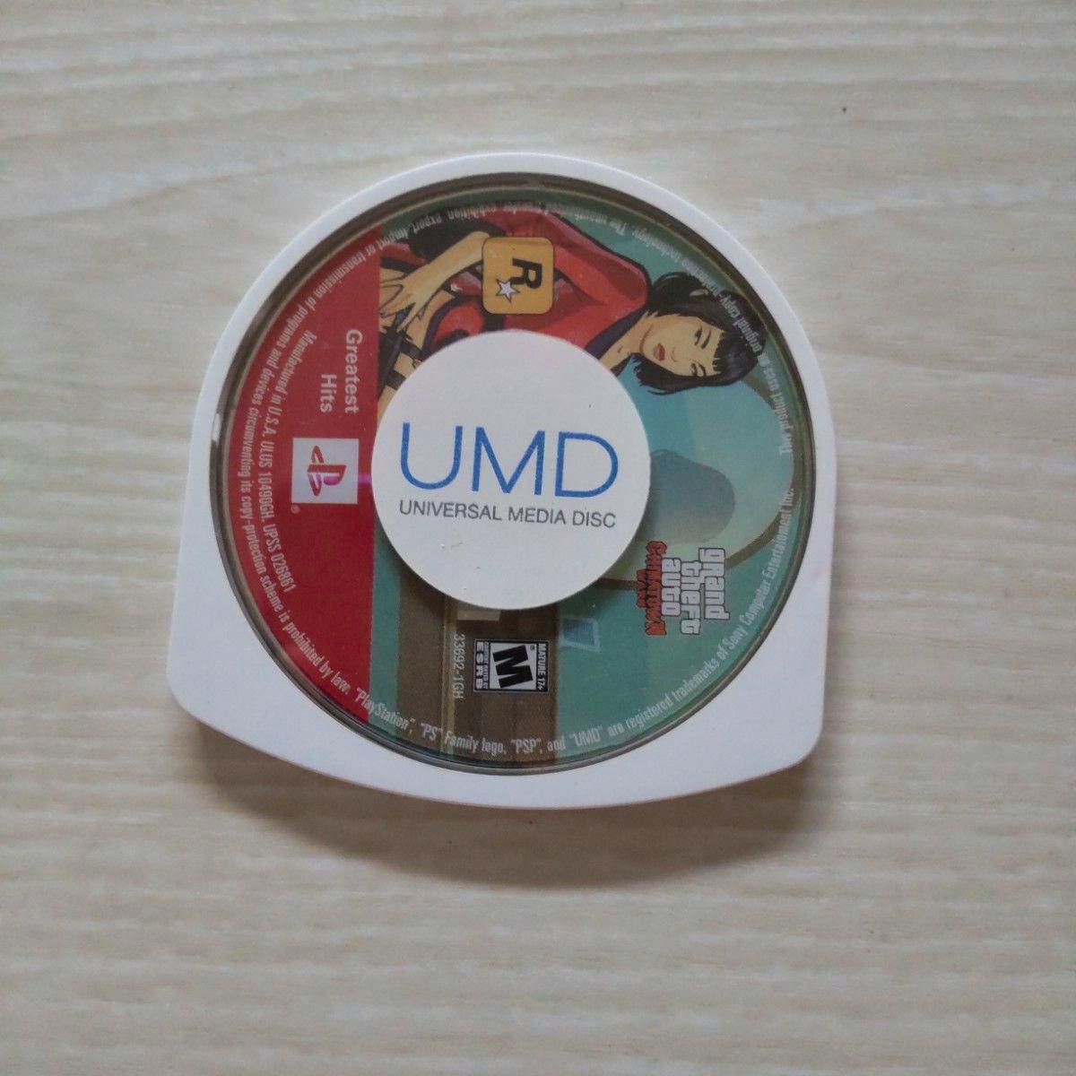 Top-down photo of the PSP UMD disc for Grand Theft Auto: Chinatown Wars inside a white UMD holder.