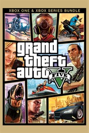 Cover art for the Xbox One & Xbox Series bundle of 'Grand Theft Auto V' showing a collage of characters and scenes with the game title.