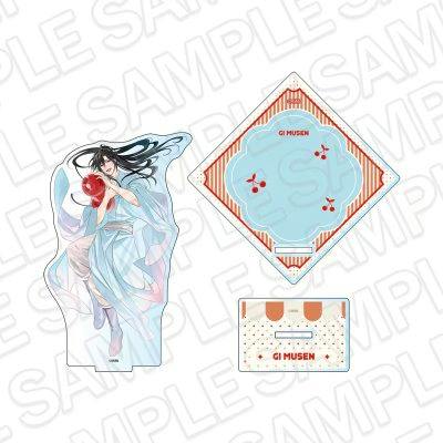 Sample image of the Wei Wuxian acrylic figure shown with its square coaster and rectangular display base.