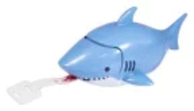 Blue shark-shaped measuring tape with its tape partially extended from its mouth.