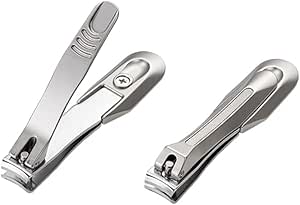 Two stainless steel nail clippers (one open, one closed) shown on a white background.