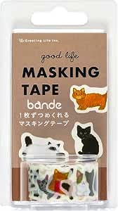 Packaged GreetingLife 'bande' masking tape showing die-cut cat stickers on a brown backing card.