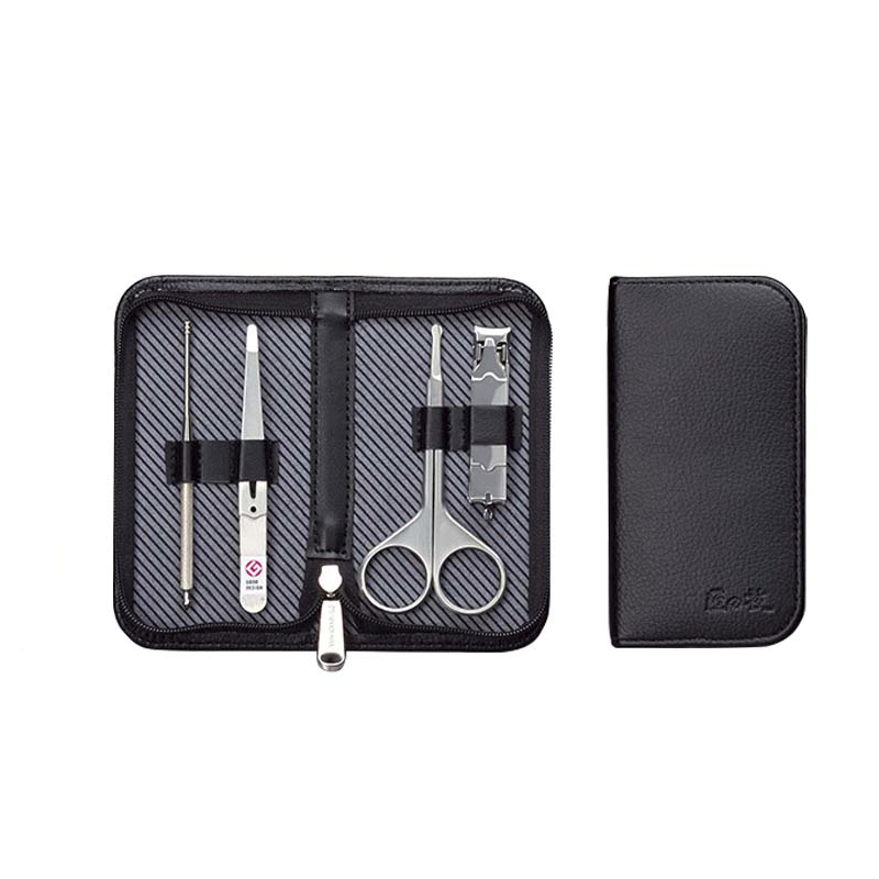 A grooming set with a black zippered case open to show metal nail clippers, scissors, tweezers, a nail file, and a metal cuticle tool, with a closed black case beside it.