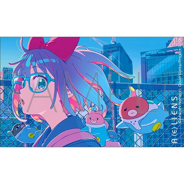 Colorful sticker design showing an anime-style girl with glasses and a large bow, accompanied by small creature characters in front of an urban fence and buildings.