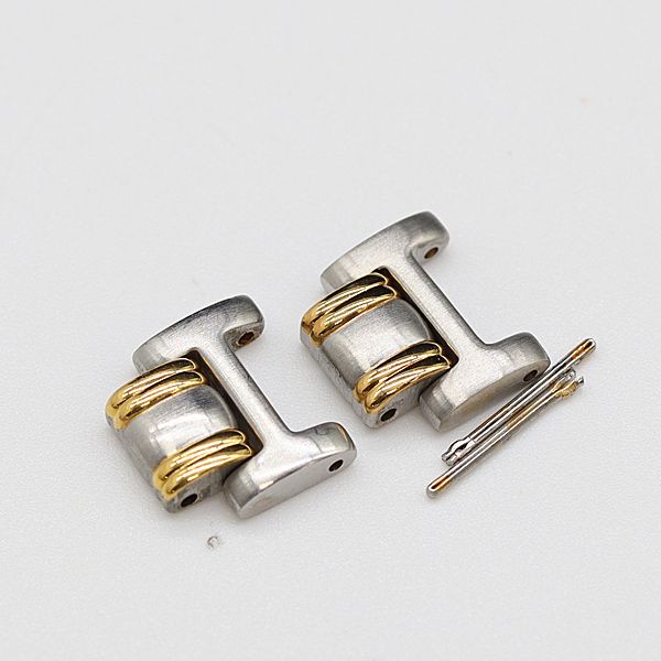 Two silver-and-gold replacement links and two pins for a 12mm Gucci watch band on a white background.