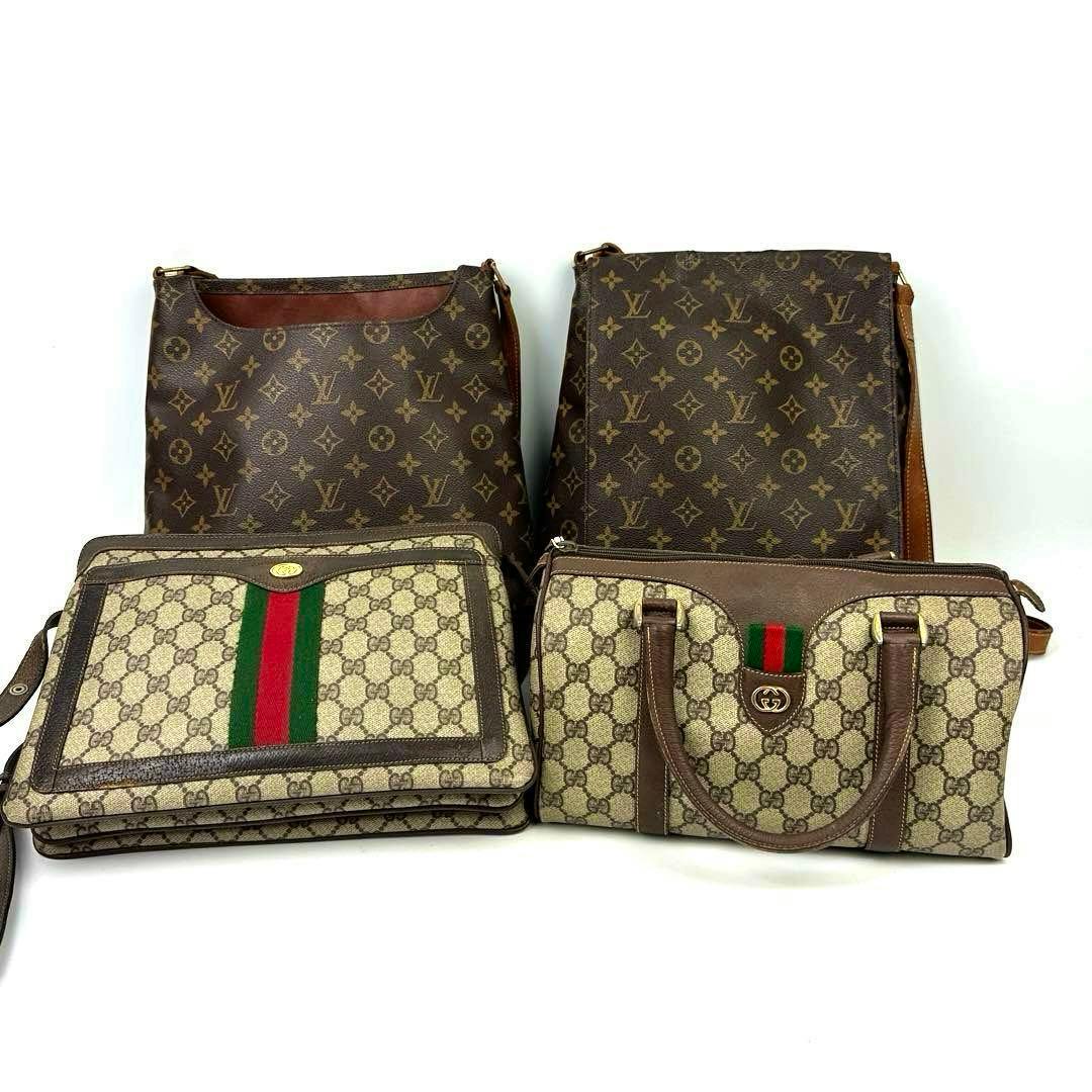 Set of four brown designer canvas bags displayed on a white background, showing two Louis Vuitton monogram shoulder bags at the back and two Gucci monogram bags with green-red stripes in front.