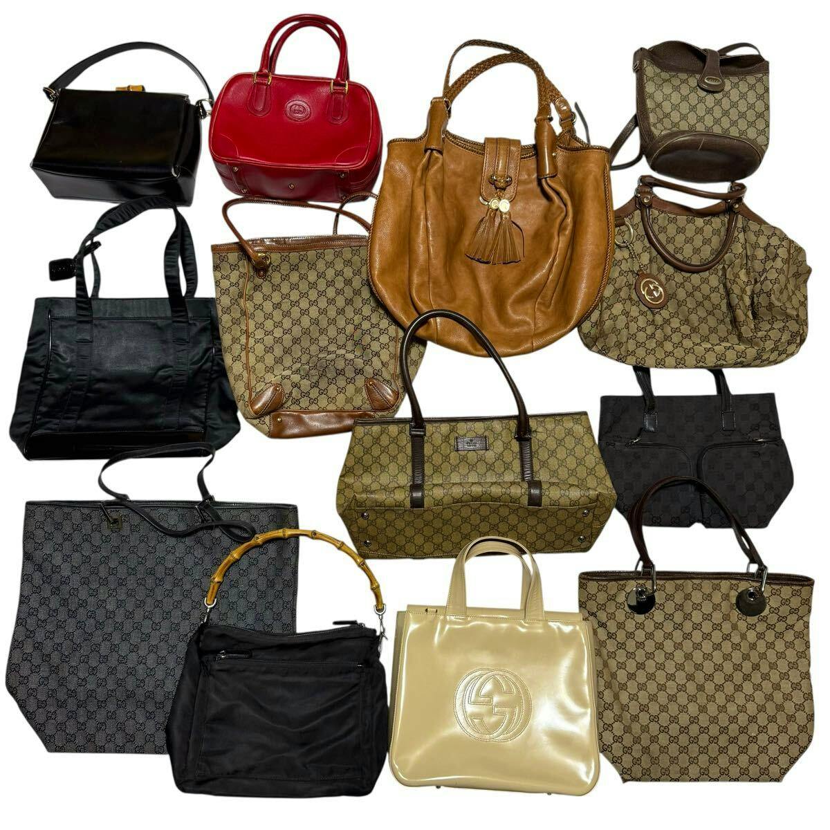 Multiple GUCCI bags, including GG canvas totes and leather handbags, arranged on a white background.