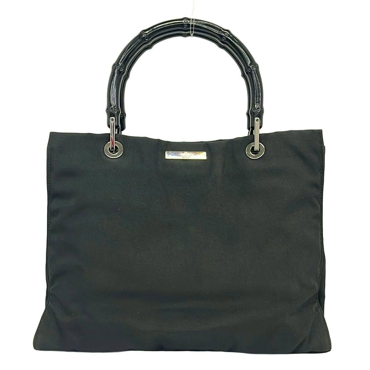 Front view of the GUCCI black bamboo-handle tote bag (nylon) on a white background.