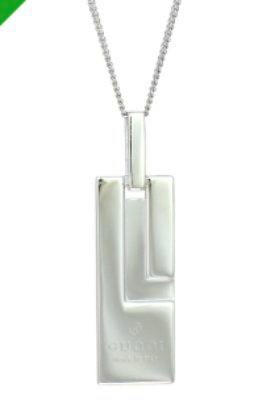 Silver rectangular Gucci G-plate pendant on a chain with a stamped logo near the bottom.