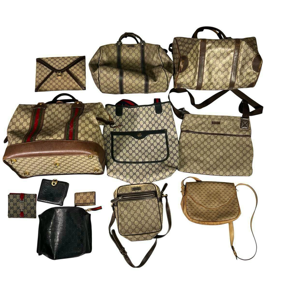 A collection of GUCCI GG canvas bags and accessories (shoulder bags, tote bags, pouches, and wallets) arranged on a white background.