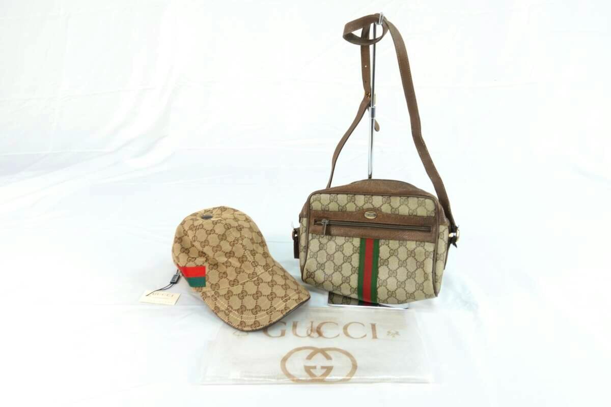 A Gucci GG canvas cap and matching shoulder bag with the signature green-red-green stripe displayed on a white background.