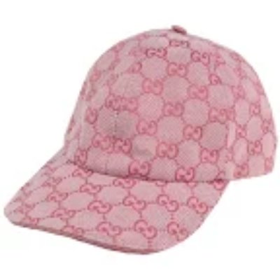 Pink cotton baseball-style cap with repeated GG pattern on a white background.
