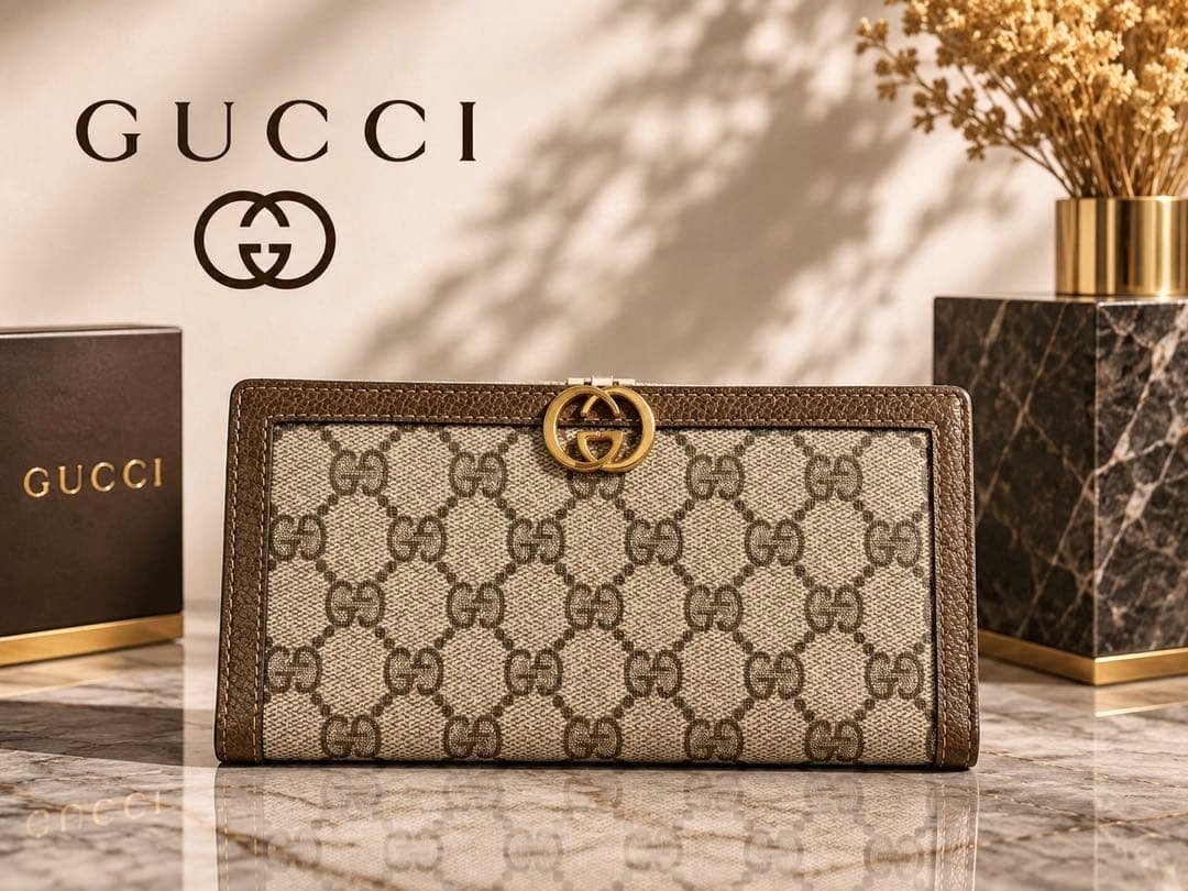Brown Gucci long canvas wallet with GG monogram and a gold interlocking-G emblem shown on a marble surface with a Gucci box and decorative vase in the background.