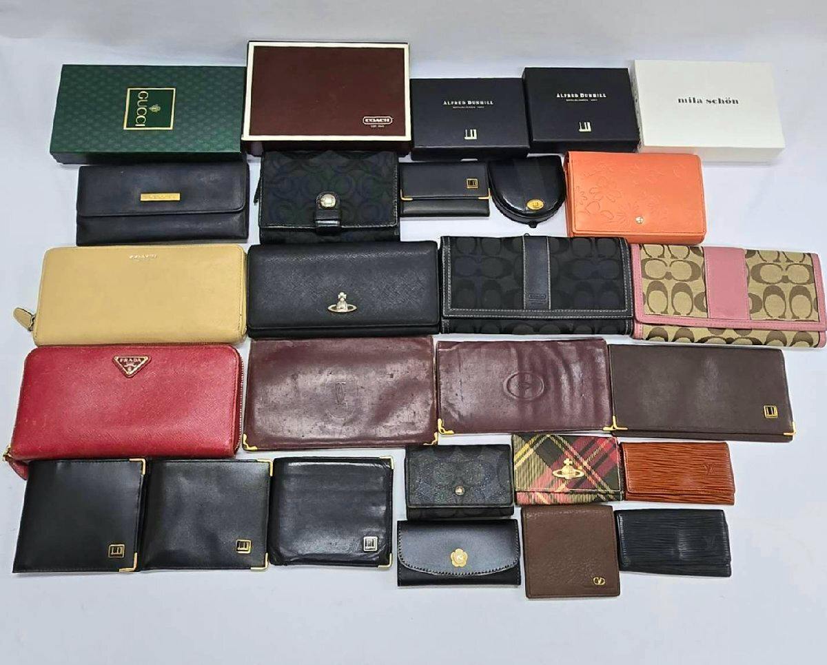 A large assortment of wallets, key cases, and brand boxes arranged flat on a white surface.