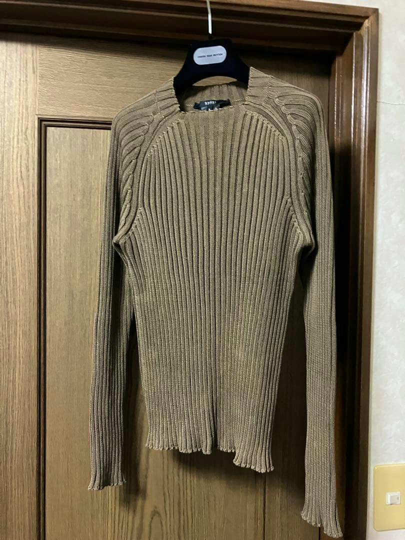 Front view of the listed men's cotton rib-knit long-sleeve sweater with a square neckline hanging on a hanger.