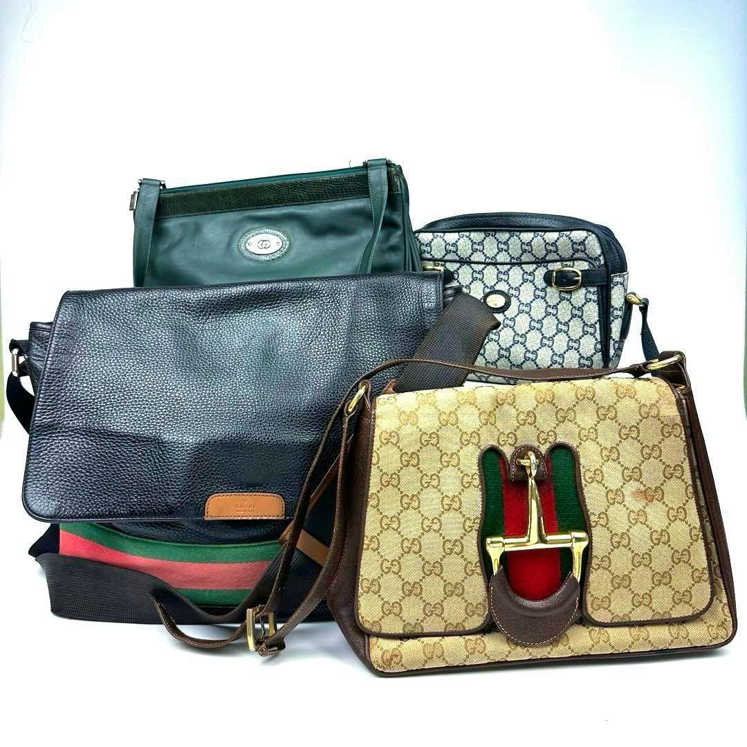 Four Gucci shoulder bags arranged together, including a GG canvas horsebit crossbody with green-red web and three leather/canvas shoulder bags.