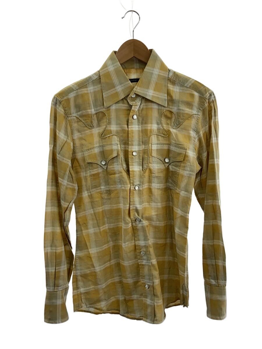 Front view of a camel-check GUCCI men's long-sleeve western-style cotton shirt hanging on a hanger.