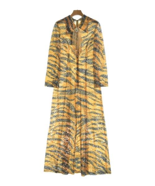 Full-length women's nylon dress with yellow and black tiger-stripe pattern hanging on a hanger against a white background.