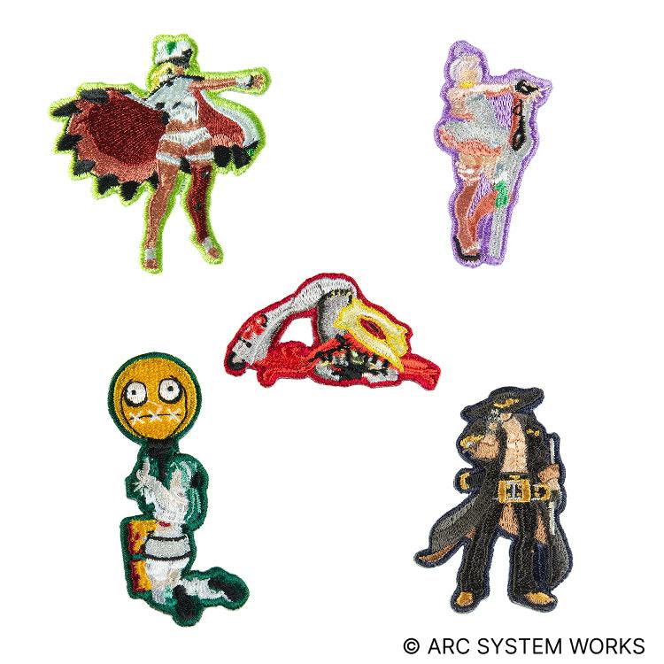 Five embroidered fabric patches depicting GUILTY GEAR -STRIVE- characters arranged on a white background.