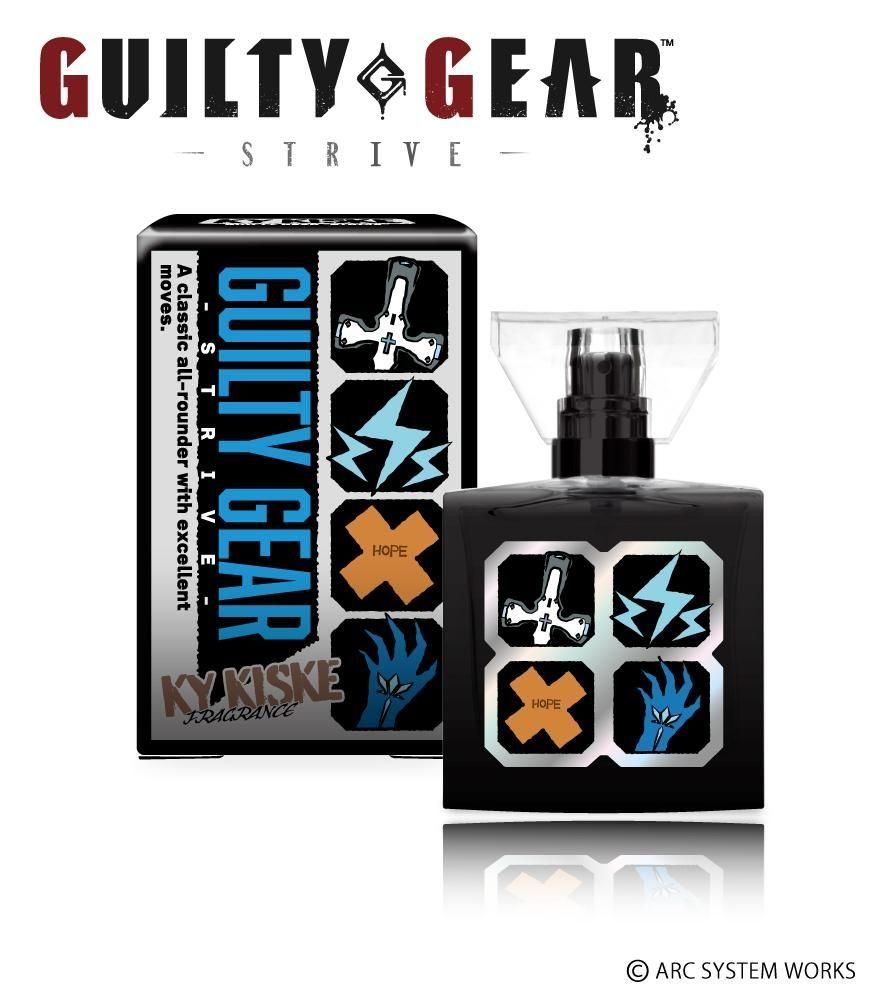 A black Guilty Gear STRIVE fragrance bottle displayed with its matching box on a white background.