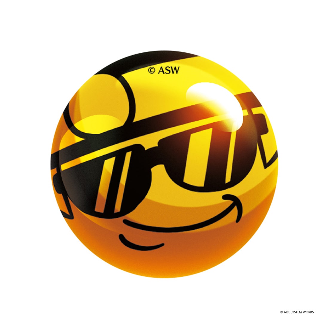 Front of a round can badge showing a stylized yellow smiling face wearing sunglasses.
