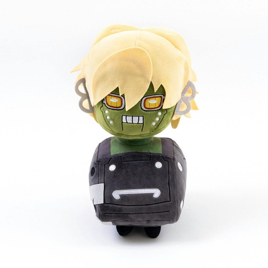Front view of the GUILTY GEAR -STRIVE- ぬいぐるみ ロボカイ plush showing its green face, yellow hair, and gray body against a white background.