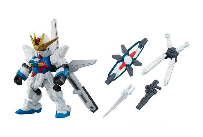 Gundam X plastic figure from the Mobile Suit Ensemble set alongside its MS weapon accessories on a white background.