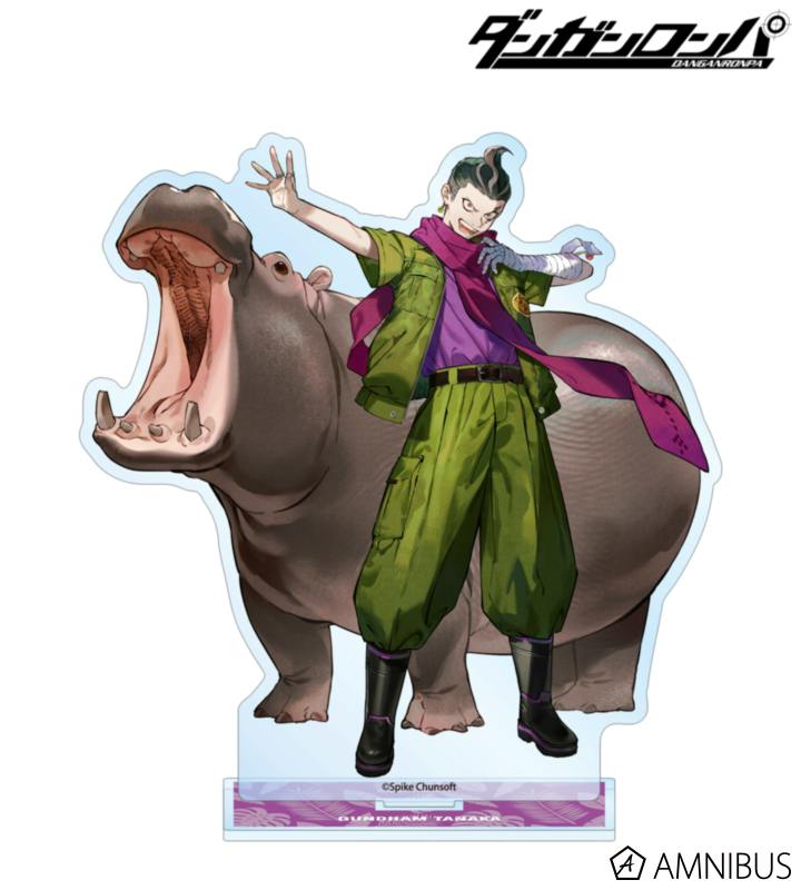 Photograph of the BIG acrylic stand showing the character 田中眼蛇夢 (Tanaka) standing in front of a hippopotamus, attached to its display base.