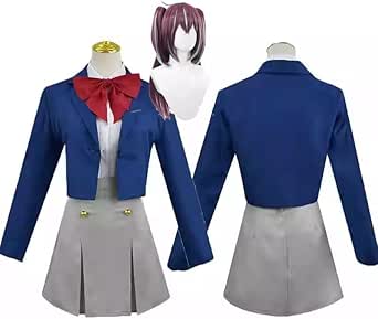 Front and back views of a blue women's cosplay jacket with a red bow and a gray skirt, shown alongside a wig on a mannequin head.