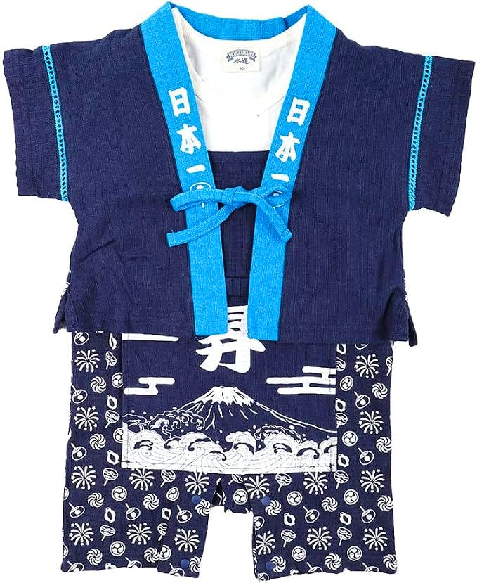 Front view of a navy and blue children’s happi/jinbei top and matching shorts featuring Mount Fuji and wave-pattern prints.