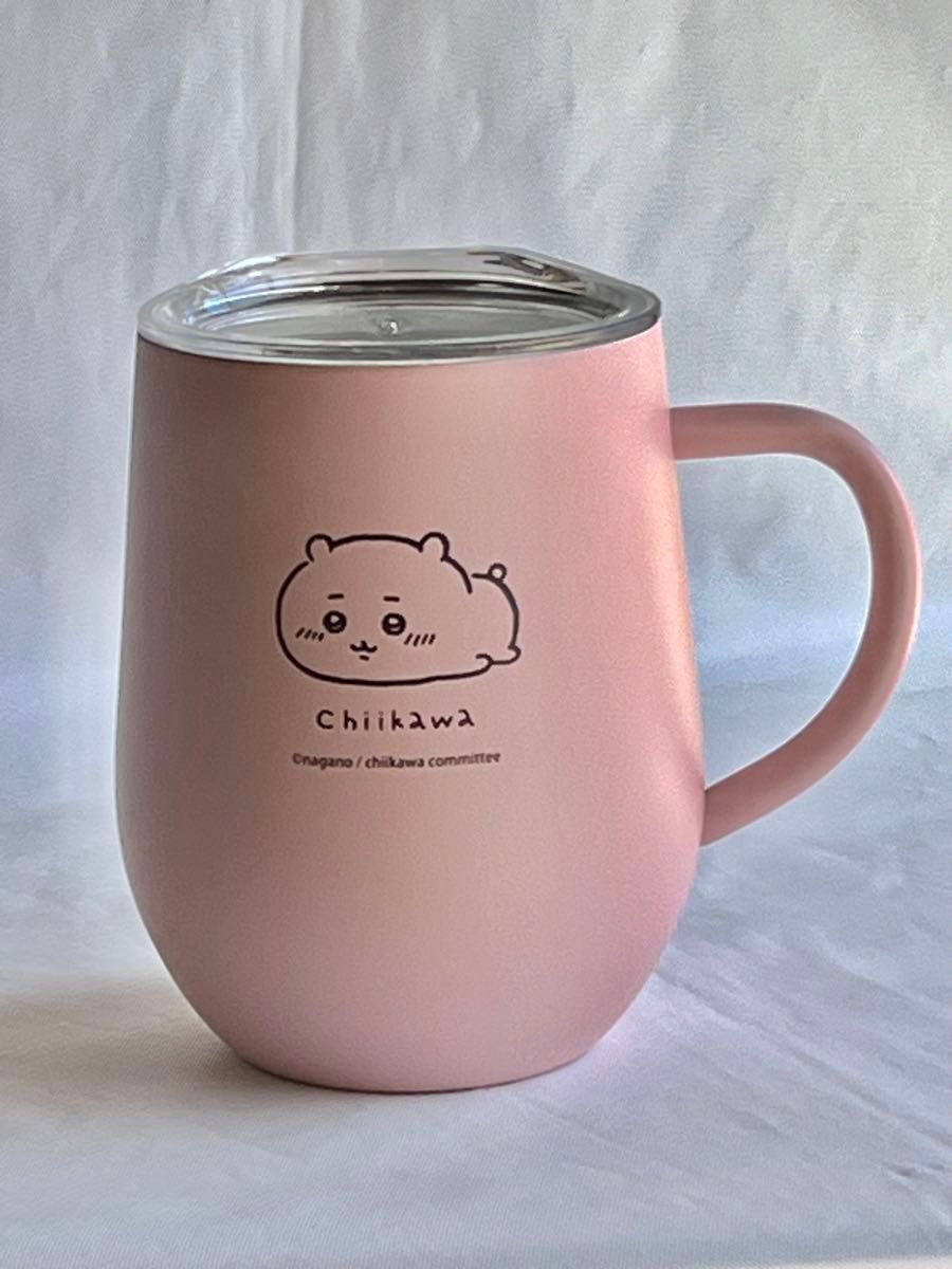 Pink stainless steel mug with a clear lid and a Chikawa character printed on the front.