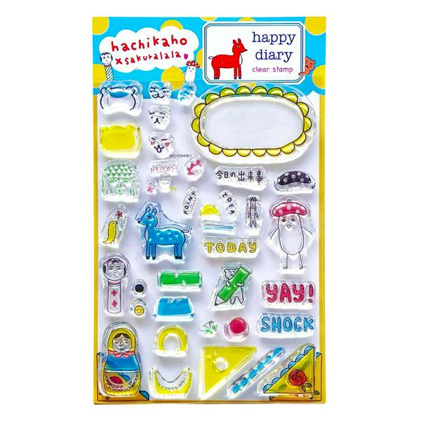 Front view of the hachikaho x Sakuralala "happy diary" paper sticker sheet in its packaging showing multiple small colorful sticker designs.