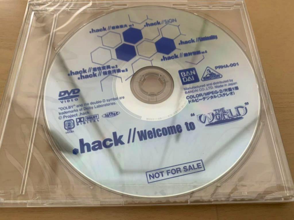 Photo of the promotional .hack DVD disc "Welcome to "THE WORLD"" in a clear jewel case showing the disc label and "NOT FOR SALE" text.