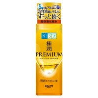 Front view of the Hada Labo 極潤プレミアム hyaluronic face lotion 170ml bottle in gold packaging.