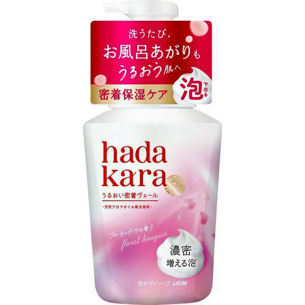 Front view of a pink-and-white hadakara moist body care foam body soap bottle with pump and Japanese labeling.