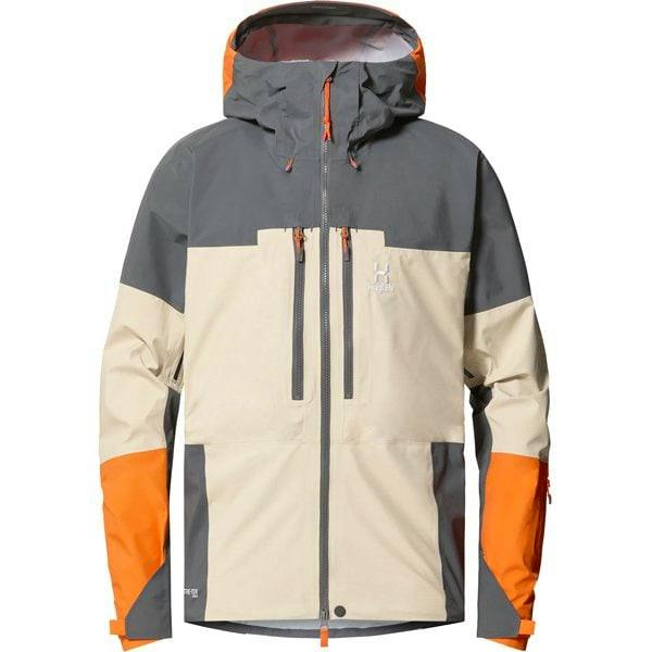Front view of a men's Haglofs Gore‑Tex Pro waterproof jacket in chalk beige and magnetite with hood, front zip and chest zip pockets.